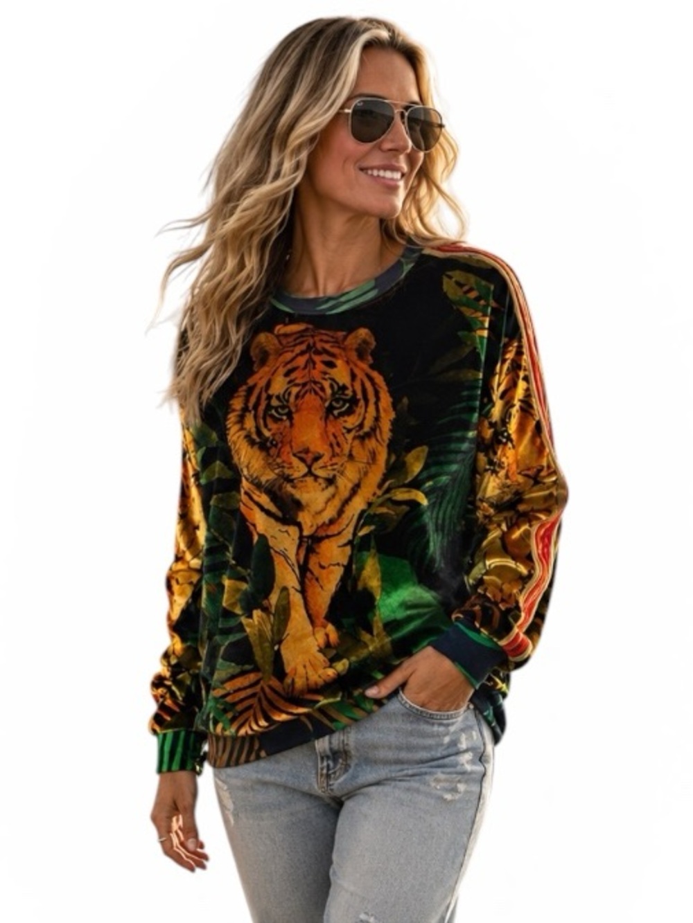 Aviator Nation Tiger Jungle Velvet Relaxed Crew Sweatshirt Rainbow Stripe NWT